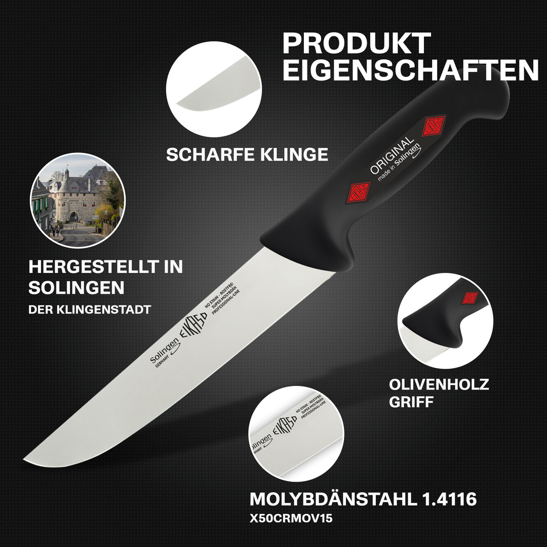 EIKASO Solingen Germany Fleischmesser Blockmesser Schwarz 21cm Klinge Molybdänstahl 1.4116 aus Solingen Profi Allzweckmesser von Profis für Privat und Profis | Fleisch Gemüse Obst Kräuter