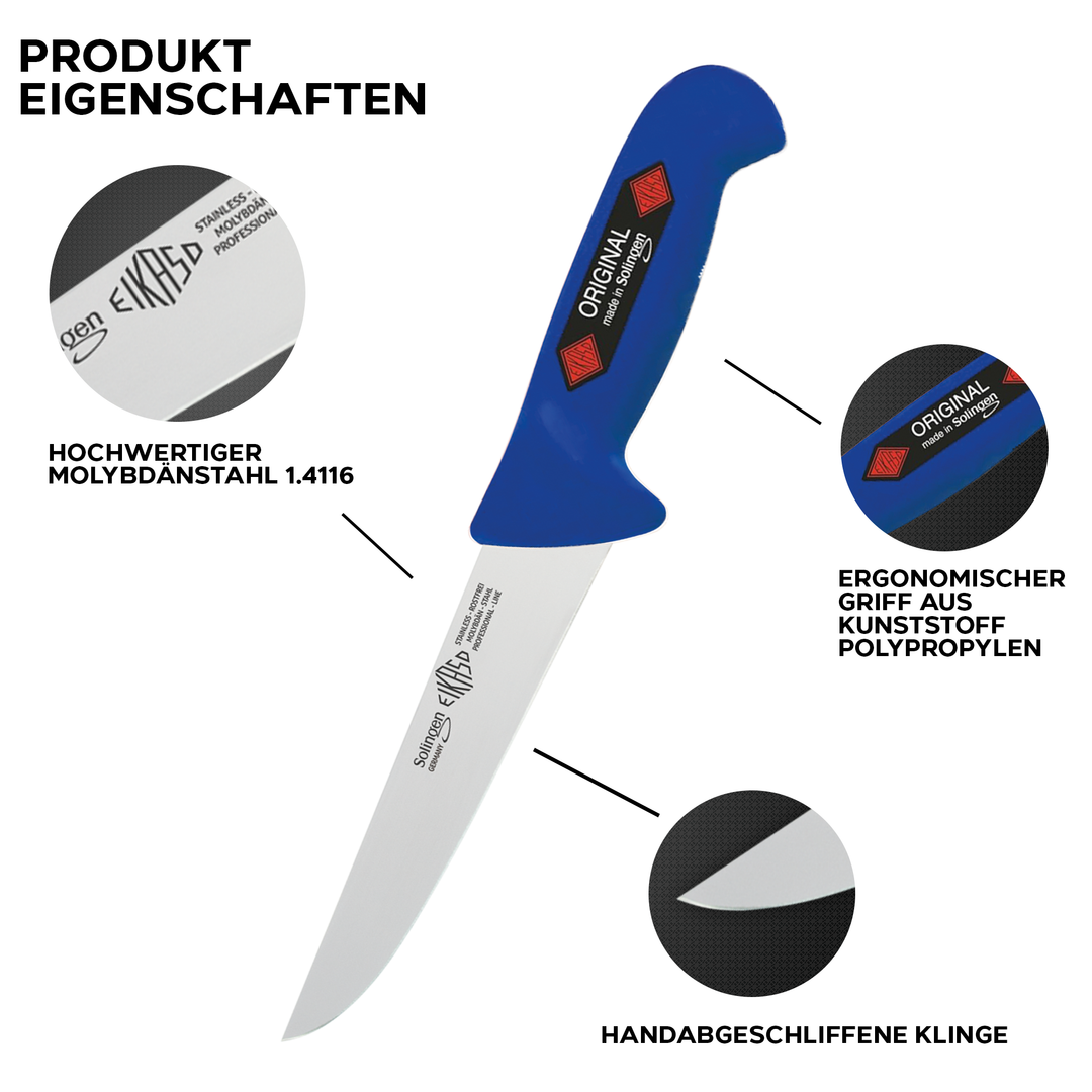 EIKASO Solingen Germany 3-Teiliges Profi Messer Set - scharfe Klingen handabgezogen für weniger Kraftaufwand beim Schneiden - Griffe ergonomisch geformt aus Polypropylen