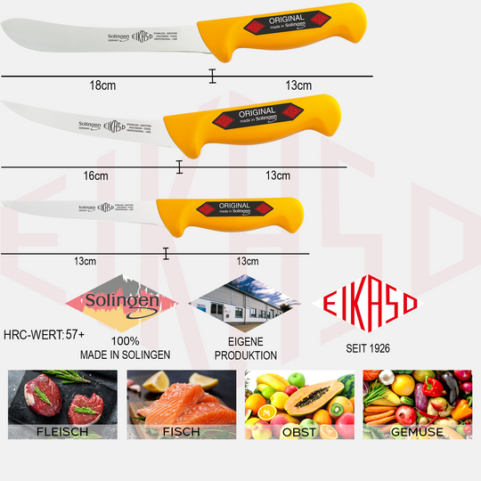 EIKASO Solingen Messerset 3 Teilig Schlachtermesser Set Metzgermesser mit ergonomischen Griff aus Molybdänstahl 1.4116 für Profis und Privat