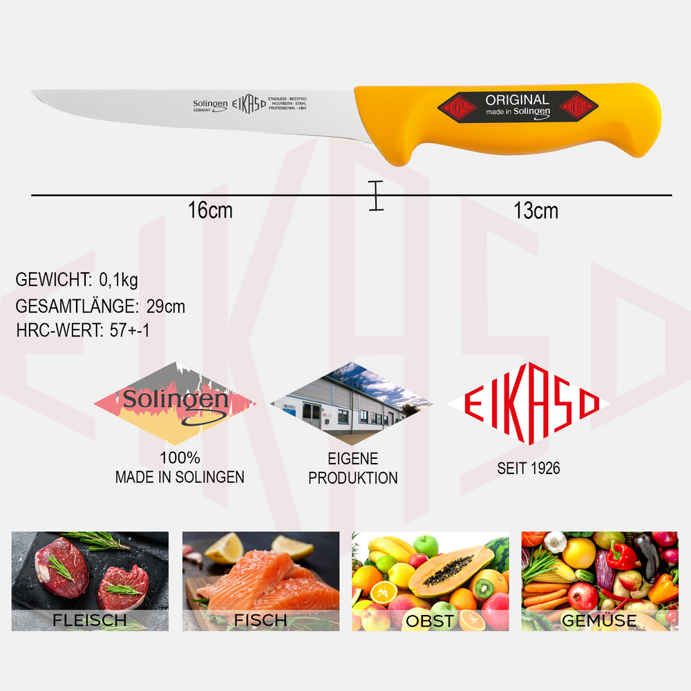 EIKASO Solingen Germany Ausbeinmesser gerade 16cm aus Molybdänstahl 1.4116 Profi Ausbeiner Fleischmesser Küchenmesser Schlachtermesser für Fleisch Fisch Made in Germany Solingen